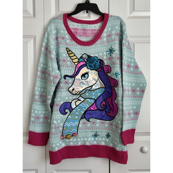 Ugly Christmas Sweater Women Knit Blue Unicorn Pullover Crew Neck Holiday Festiv - Picture 2 of 9